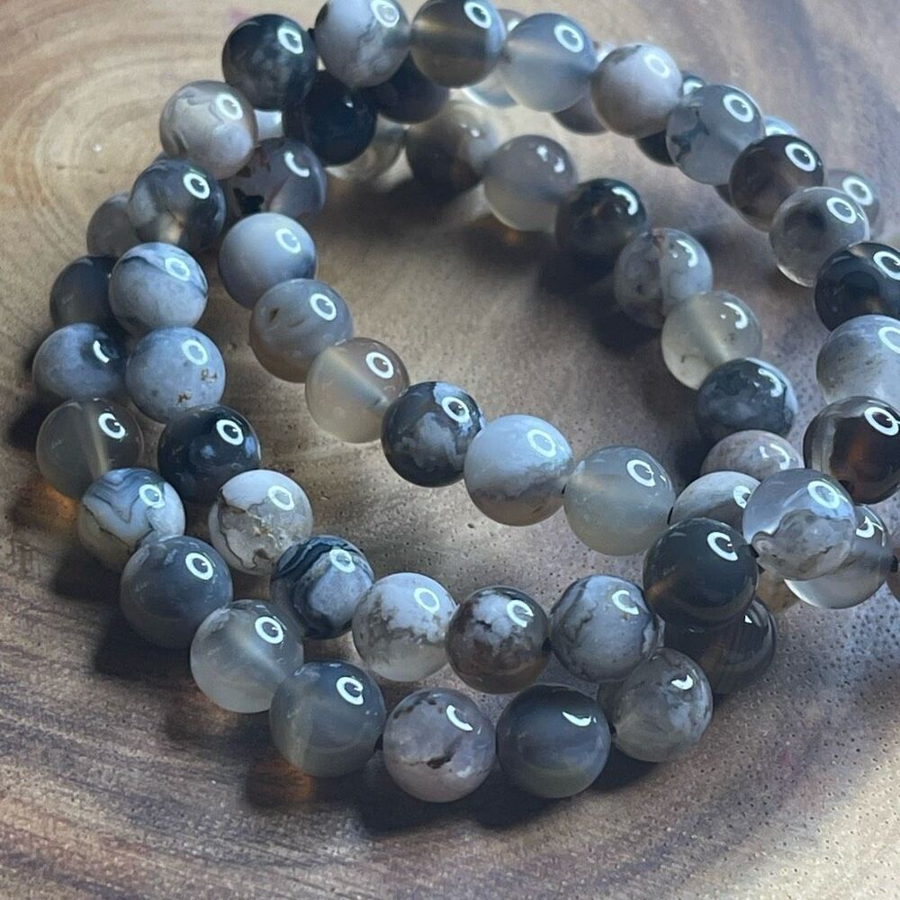 Black Flower Agate stretch beaded bracelet 7” crystal healing beads 8mm ONE NEW